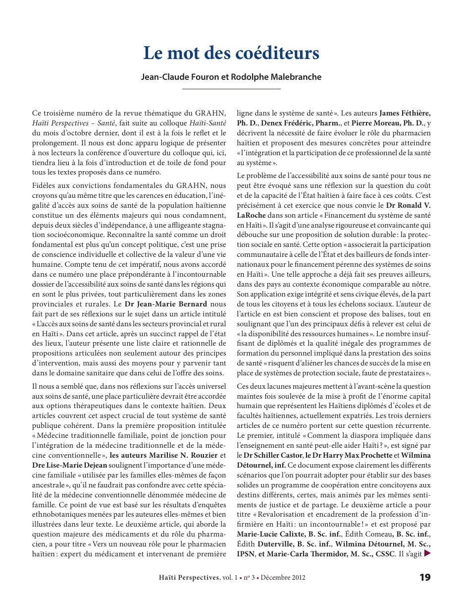 Première page — Jean-Claude Fouron et Rodolphe Malebranche