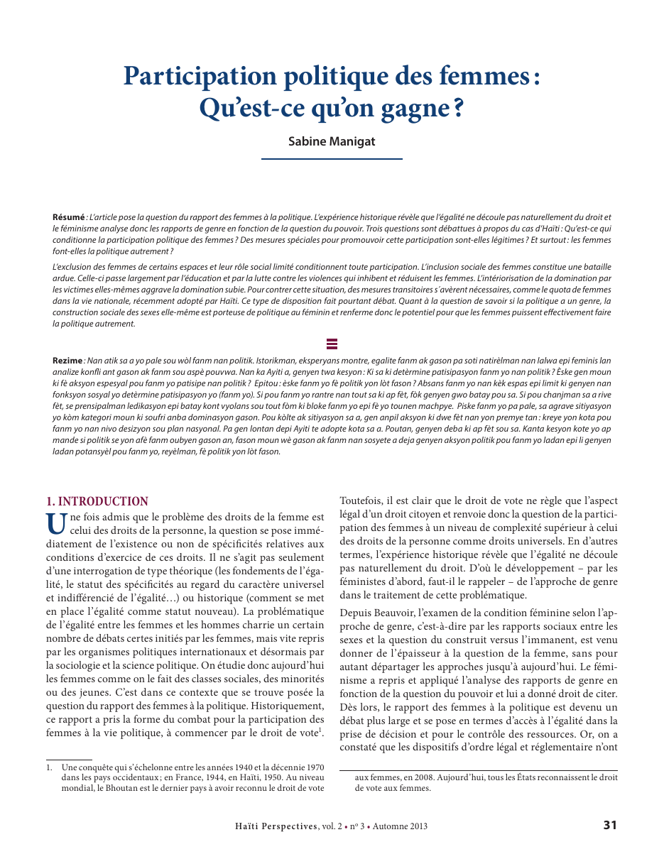 Première page — Sabine Manigat
