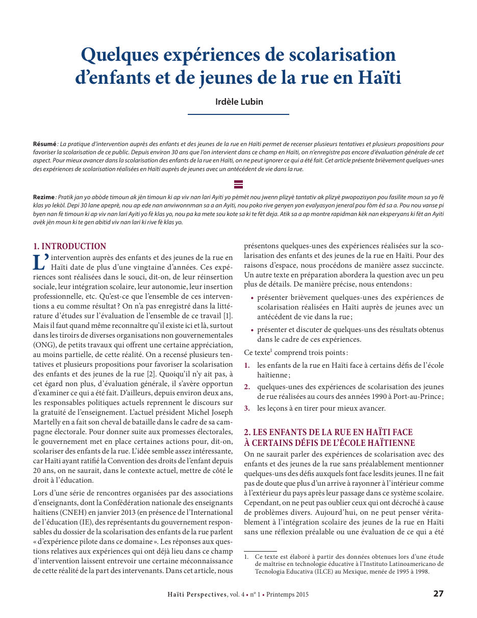 Première page — Irdèle Lubin