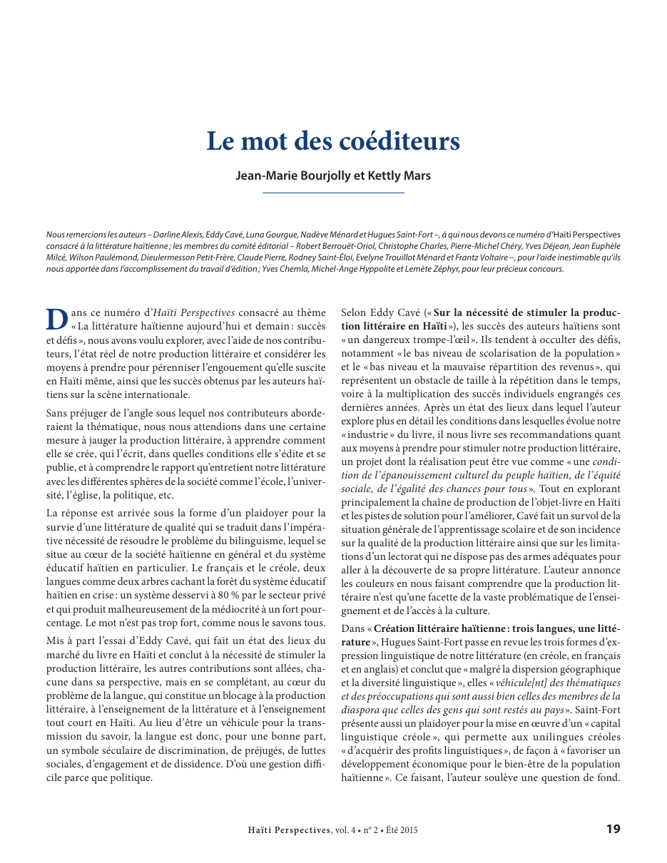 Première page — Jean-Marie Bourjolly et Kettly Mars