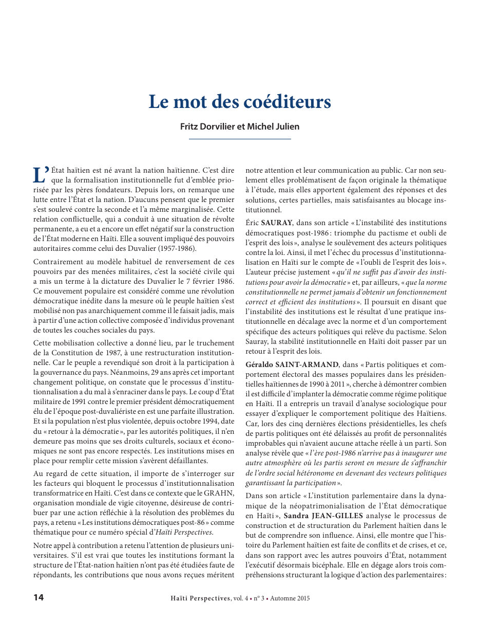 Première page — Fritz Dorvilier et Michel Julien