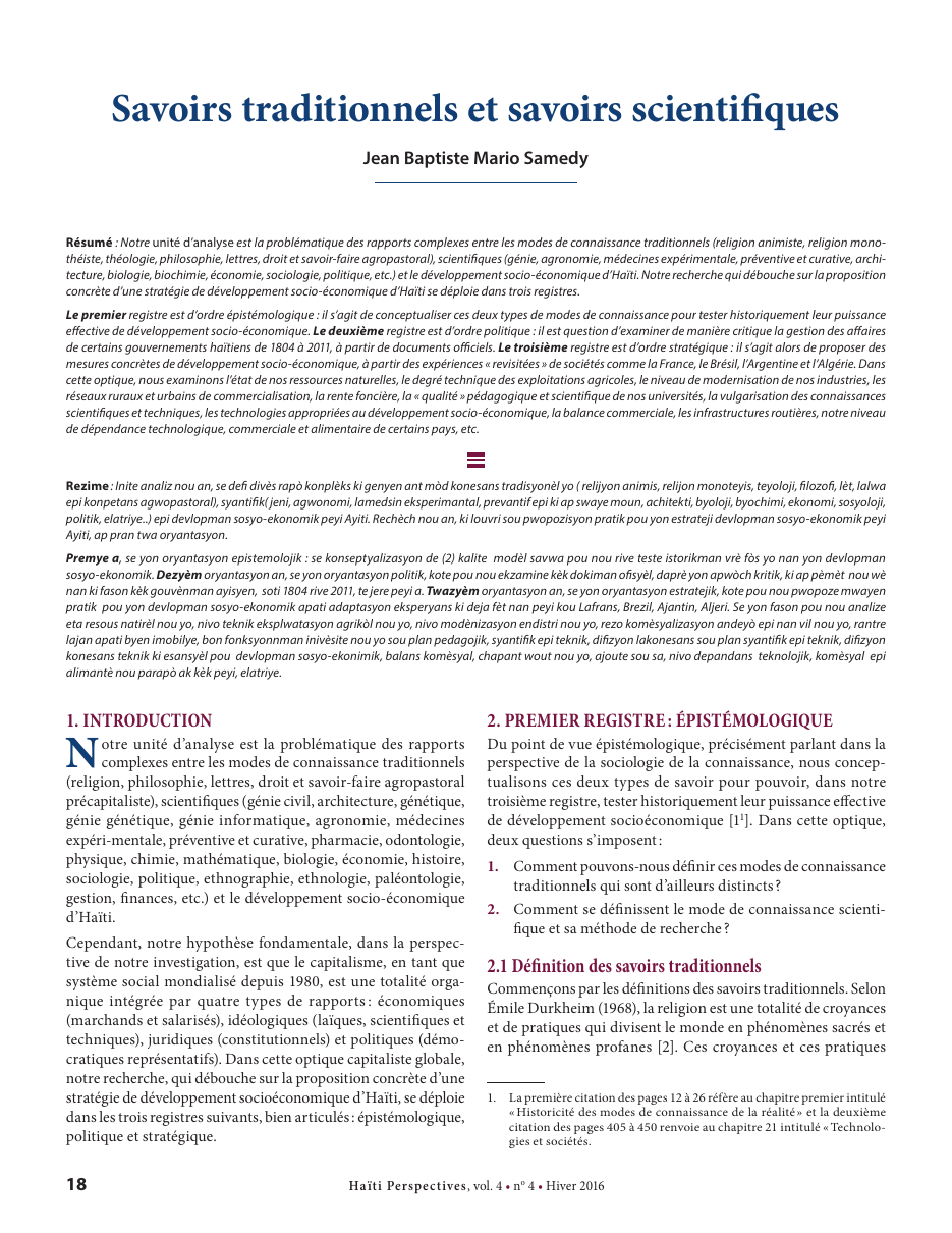 Première page — Jean Baptiste Mario Samedy