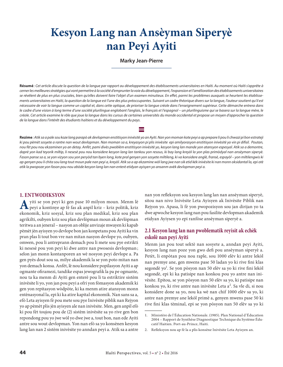 Première page — Marky Jean-Pierre